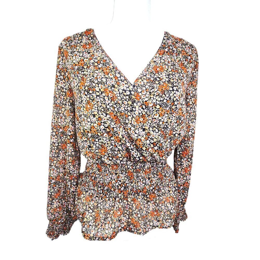 Japna Brown Black Faux Wrap Long Sleeve Ditsy Floral Boho Peplum Top